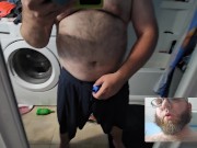 Preview 1 of Two Camera view as Chubby Nerd Strokes big cock in mirror