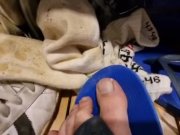 Preview 1 of cumming on flip flops, worn adidas sneakers, dirty smelly socks, feet and hairy legs