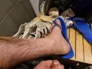 Preview 2 of cumming on flip flops, worn adidas sneakers, dirty smelly socks, feet and hairy legs