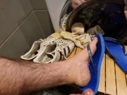 Preview 3 of cumming on flip flops, worn adidas sneakers, dirty smelly socks, feet and hairy legs