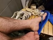 Preview 4 of cumming on flip flops, worn adidas sneakers, dirty smelly socks, feet and hairy legs