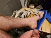 Preview 5 of cumming on flip flops, worn adidas sneakers, dirty smelly socks, feet and hairy legs