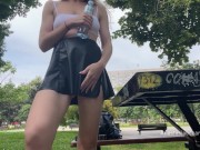 Preview 2 of Exhibitionist girl in park at morning. Upskirt, no panties and flashing boobs and pussy in public.