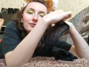 Preview 3 of POV: your stepsister shows you her big feet in little black nylon socks - footfetish