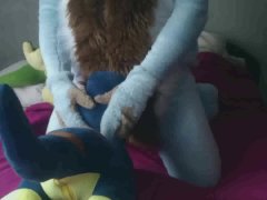 playing with big blue dinosaur in the room