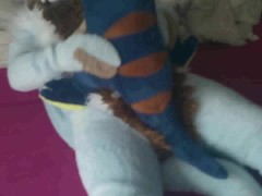 playing with big blue dinosaur in the room