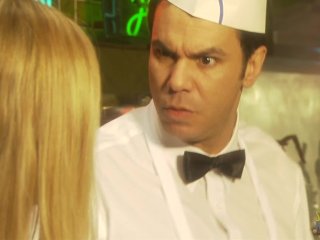 Babe with blonde hair gets her pussy smashed in the restaurant