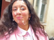 Schoolgirl fucked with stepbrother, got cum on her face and went for a walk without washing face fre