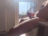 dickflash for the neighbor on the balcony can't stand it knocking on the door ends up cum on tits