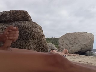 big dick, public masturbation, cumshot, beach