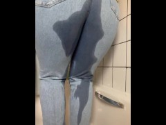 Pee desperation shaking in my jeans to release, wetting my pants, wetting my jeans, peeing myself