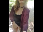 Preview 4 of Almost caught - risky public pissing and pussy flashing on the sidewalk in a public park