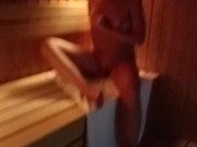 Preview 6 of girl masturbates in the sauna I come in and play with my dick too