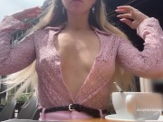 Preview 2 of Flashing boobs, collecting views of people at a public cafe in front of the road.