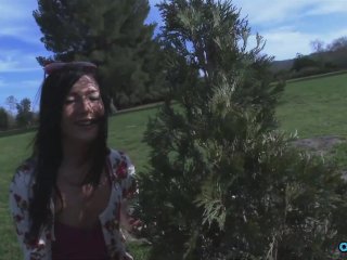 Skinny babe mounts her shaved pussy on a long dong