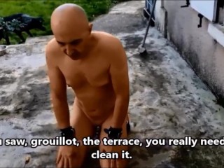 VOST Engl - this Naked and Chaste Inferior Submissive Cleans the Terrace.