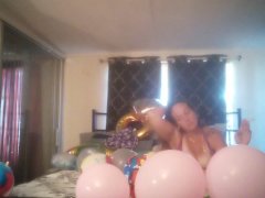 Horny pretty long hair milf popping balloons with cigarettes