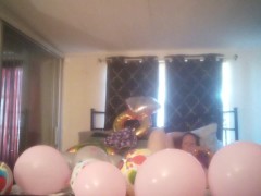 Horny pretty long hair milf popping balloons with cigarettes