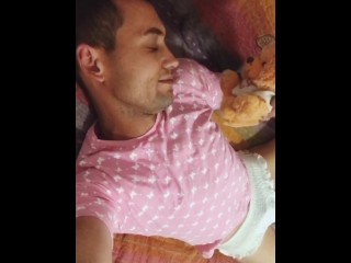 Nice Femboy Wears Diaper, Eats Cake and Plays with Penis and Teddy Bear