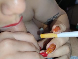 CLOSE UP: Smoking_Blowjob with Red Lipstick