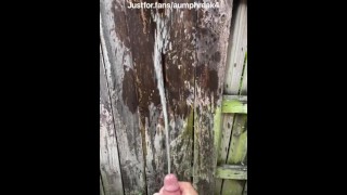 Boner peeing while jerking off on a fence outside