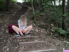 Outdoor pumping of big shaved pussy and dildo fuck in public park