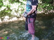 Preview 2 of German guy stands in a creek, pisses and jerks off his hard cock