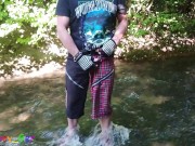 Preview 5 of German guy stands in a creek, pisses and jerks off his hard cock