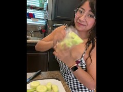 Sexy tiktok cucumber snack with busty youtuber