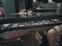 Hot footJob undertable from a petite girl with beautiful boobs