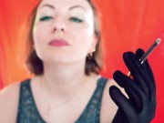 Preview 5 of Smoking JOI jerk off instruction - fetish MILF Arya Grander, smoke in lingerie, wearing gloves.