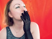 Preview 6 of Smoking JOI jerk off instruction - fetish MILF Arya Grander, smoke in lingerie, wearing gloves.