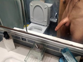 Huge Cock Filled with Cum after Masturbating he Pees in the Bathroom