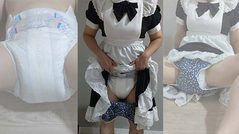Crossdresser Wearing a Maid Dress and a Thick Diaper and Jerking off 01 メイド 男の娘 洋服 偽娘 おむつ