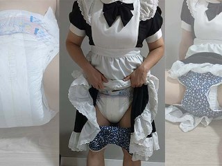 Crossdresser Wearing a Maid Dress and a Thick Diaper and Jerking off 01 メイド 男の娘 洋服 偽娘 おむつ