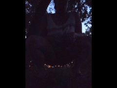 Peeing Outside in the Grass at Sunset