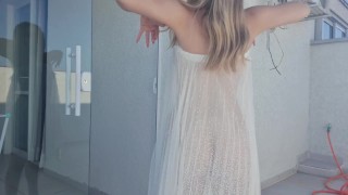 Sexy Blonde Flaunting Her Wardrobe To The Neighbor