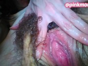 Preview 1 of squirt aftermath post orgasm wettest pussy ever edging clit squirt juice all over hairy vulva cunt