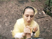 Preview 2 of Black Lynn in Yellow Raincoat Sucking Cock in the Woods - Public Blowjob and Cum in Mouth