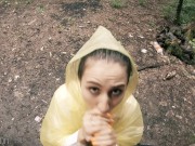 Preview 3 of Black Lynn in Yellow Raincoat Sucking Cock in the Woods - Public Blowjob and Cum in Mouth