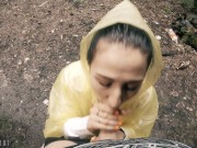 Preview 4 of Black Lynn in Yellow Raincoat Sucking Cock in the Woods - Public Blowjob and Cum in Mouth