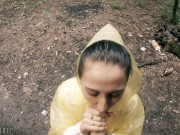 Preview 5 of Black Lynn in Yellow Raincoat Sucking Cock in the Woods - Public Blowjob and Cum in Mouth
