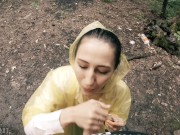Preview 6 of Black Lynn in Yellow Raincoat Sucking Cock in the Woods - Public Blowjob and Cum in Mouth
