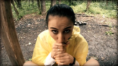 Black Lynn in Yellow Raincoat Sucking Cock in the Woods - Public Blowjob and Cum in Mouth