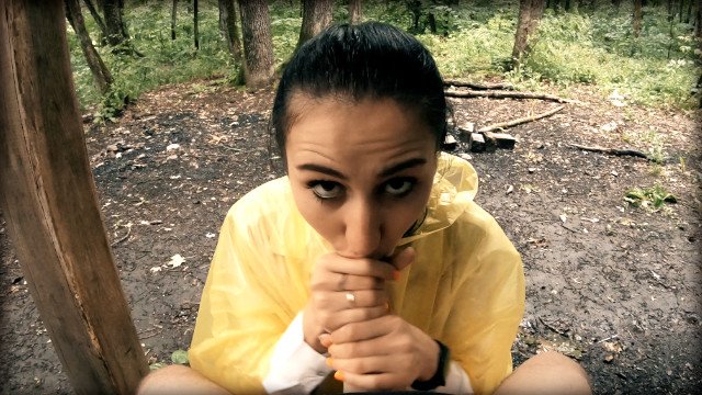 Black Lynn in Yellow Raincoat Sucking Cock in the Woods - Public Blowjob and Cum in Mouth