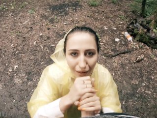 Black_Lynn in Yellow Raincoat Sucking_Cock in the Woods - Public Blowjob and Cum in Mouth