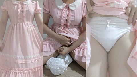 Crossdresser Wearing a Pink Dress and Jerking off on a Pull-up Diaper 01 男の娘 洋服 偽娘 おむつ