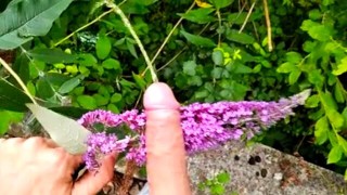 Schmutziger Junge hat im Park gepisst und seinen großen Schwanz mit einer süßen Blume eingerieben 🌺