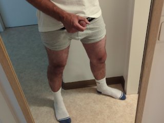 horny guy in white socks jacking off his cock, loud moaning