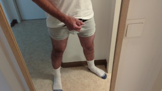 horny guy in white socks jacking off his cock, loud moaning